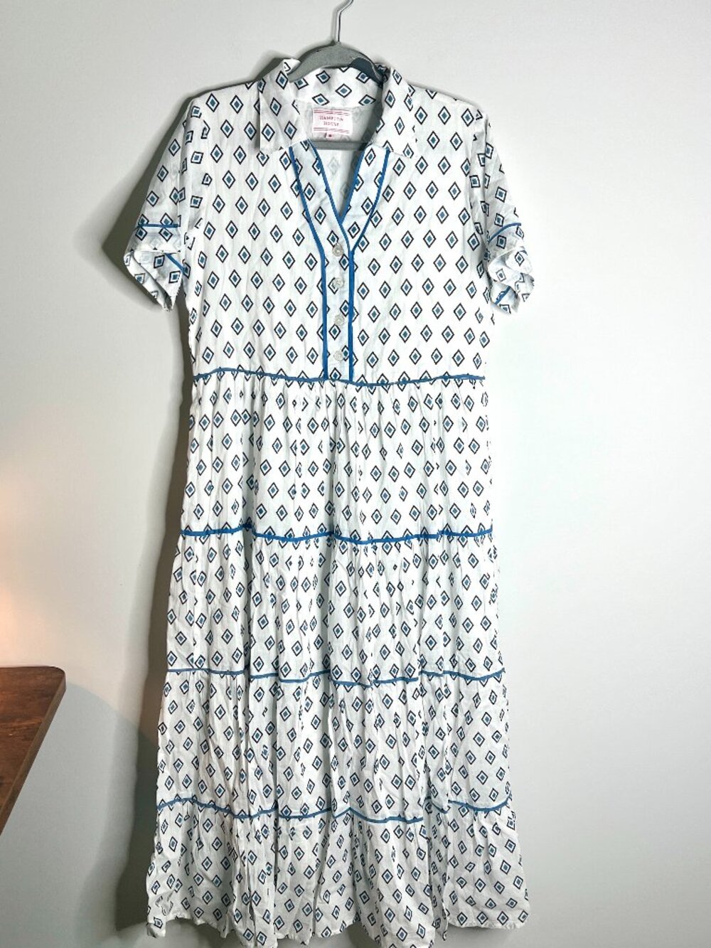 Hampton House Tanner Dress in Diamond Geo Preppy Coastal Tiered Maxi Beach Sz M